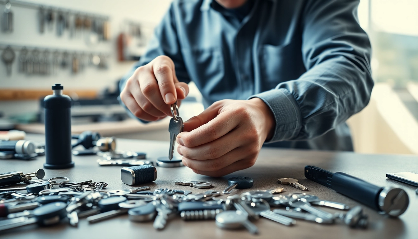Locksmith replacing Lost Car Keys amid tools and equipment in a workshop.