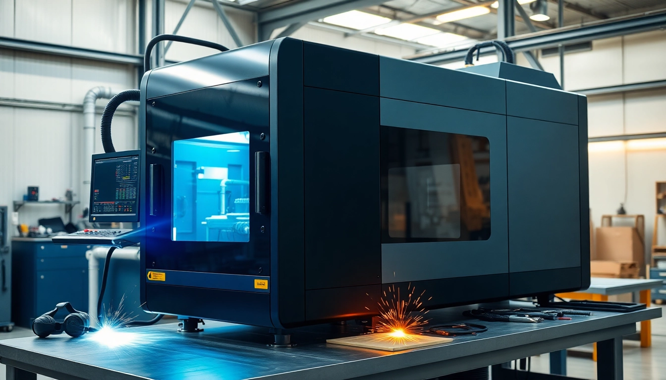 Laser welding machine operating efficiently amidst an industrial workshop, highlighting precision and technology.