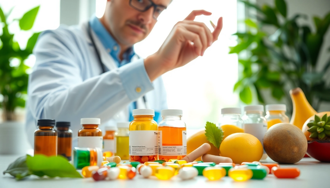 Nutrition expert showcasing Vitamin Boosters with colorful supplements and fresh fruits.