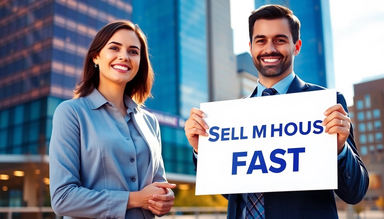 Helping homeowners sell my house fast okc with professional assistance in front of a cityscape.