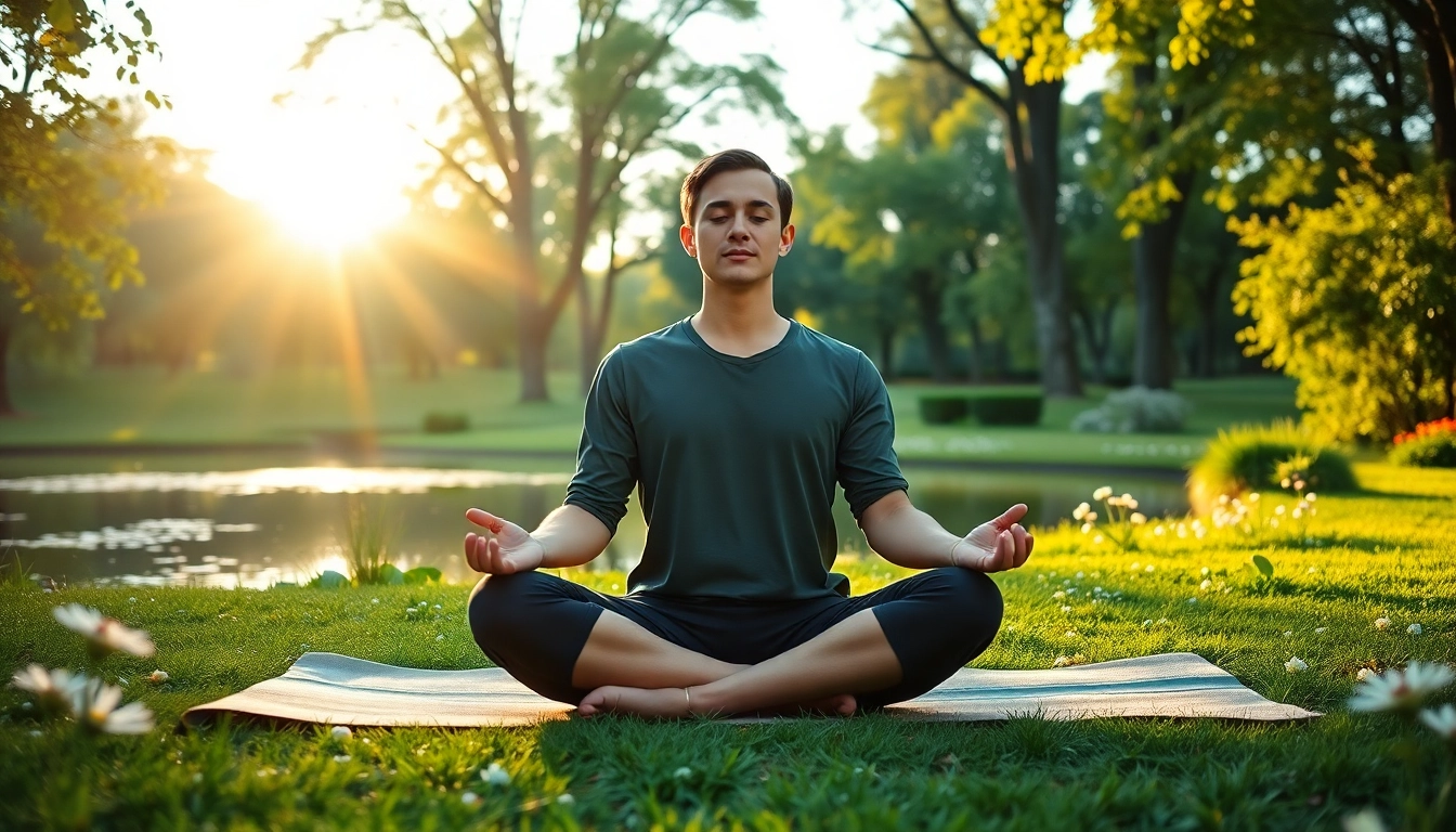 Individual meditating outdoors to cope with dealing with stress in a tranquil environment.