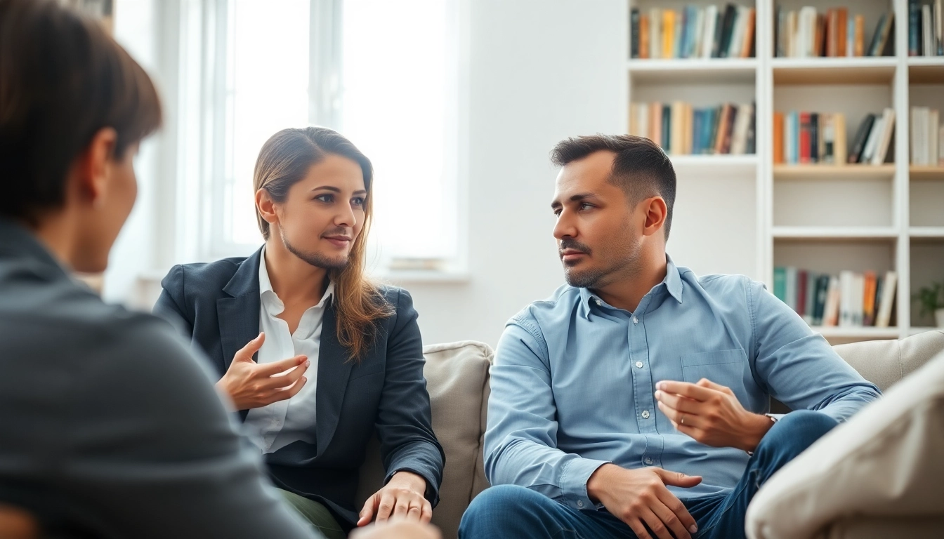 Couple discussing communication in relationships, showcasing empathy and connection in a warm living room.