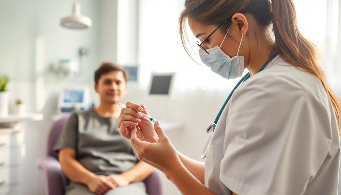 Injecting biotin injection by a healthcare professional in a clinical setting.