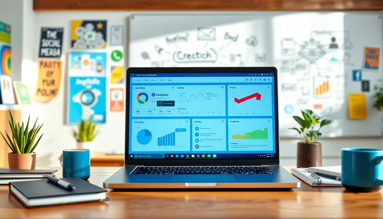 Visual representation of social media and blog automation tools being utilized in a creative workspace