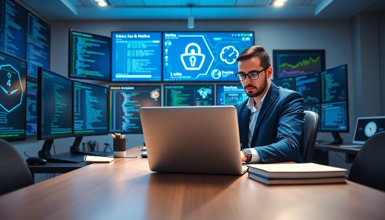 Ethical Hacking durch einen Sicherheitsexperten in einem modern ausgestatteten Büro mit High-Tech-Gadgets.