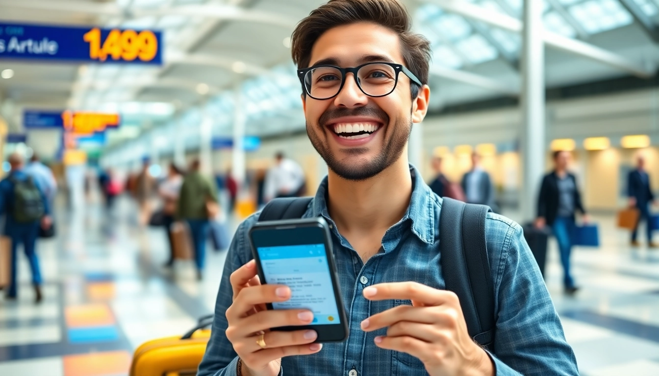 Excited traveler using the uk eta online application on a mobile device in an airport.
