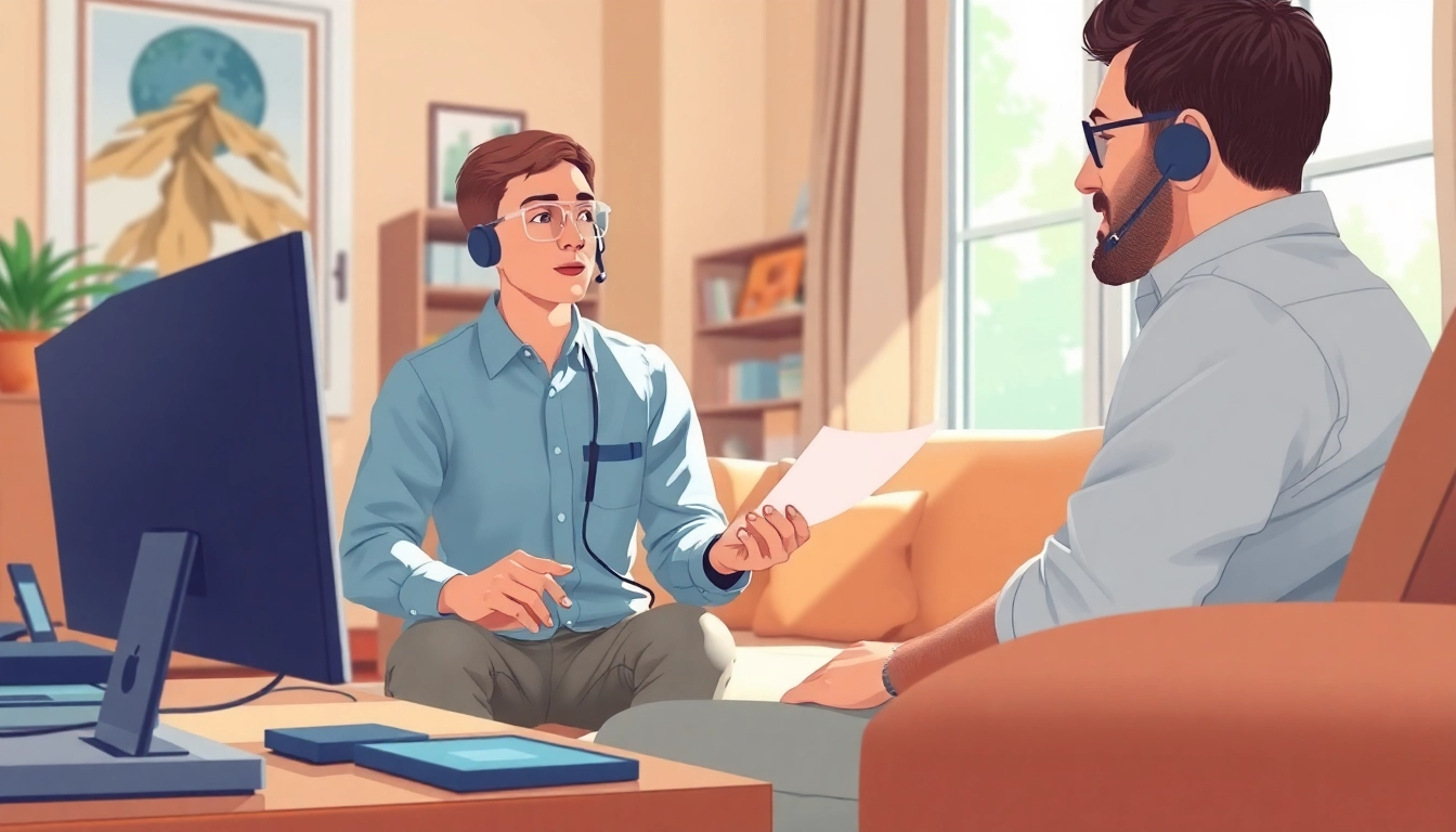 Client receiving residential IT support from a technician in a cozy home setting.
