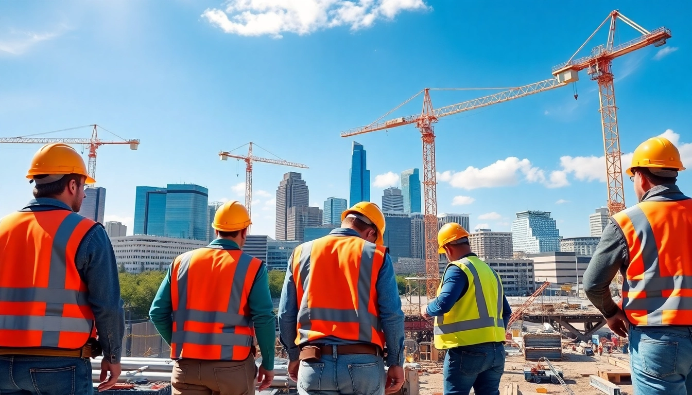 Austin construction workers actively building in a vibrant cityscape, showcasing teamwork and safety.