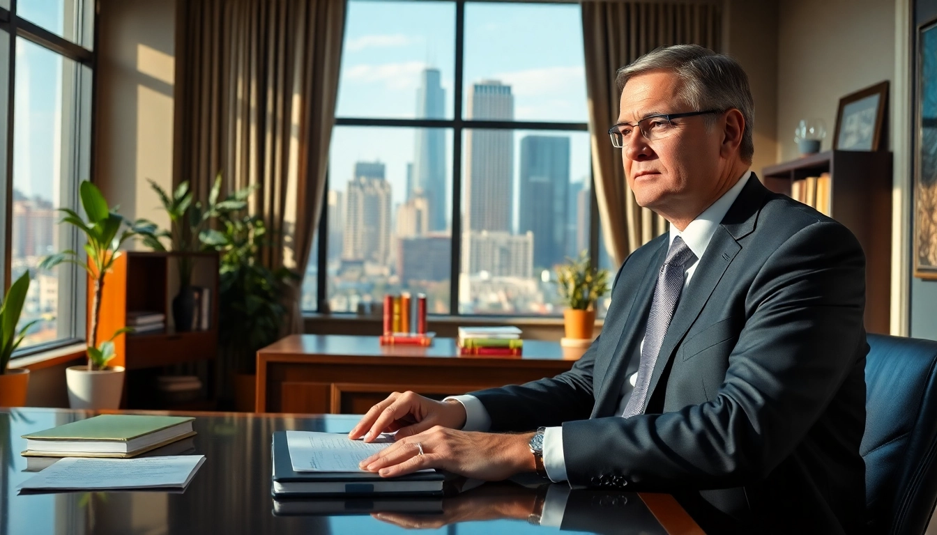Eminent domain lawyer advising clients in a sophisticated office environment.