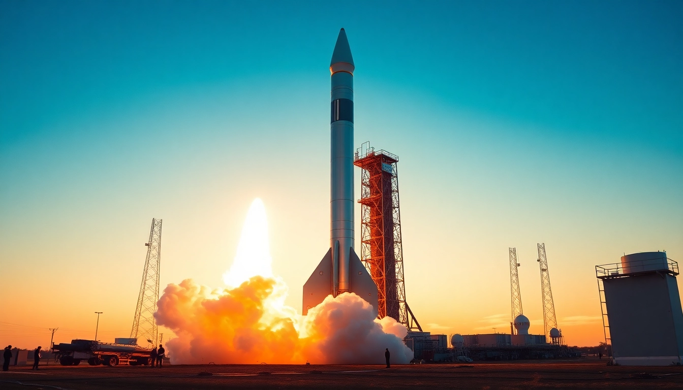 Witness the impressive launch of a rocket from Revenue Rocket Lab amid vibrant sunset colors and dynamic contrasts.