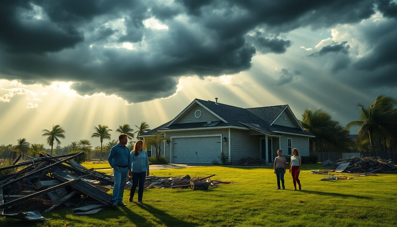 Florida Hurricane Damage seen as a family assesses their home after a storm, symbolizing resilience.