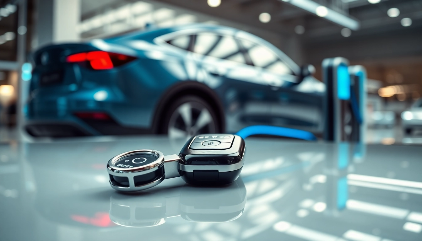 Showcasing keys for electric cars with a futuristic digital key fob against a modern automotive backdrop.