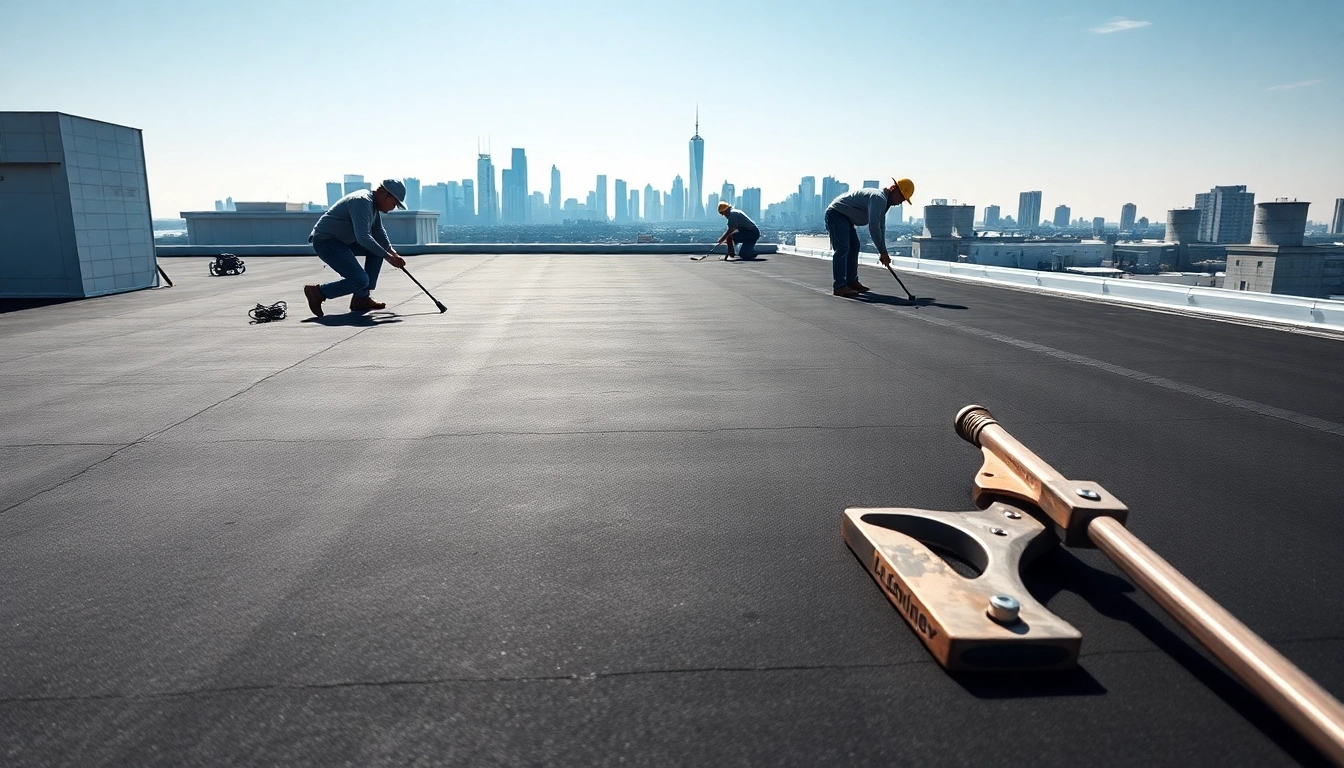 Aplicación de Lamina EPDM en un techo moderno por profesionales, mostrando herramientas y un ambiente urbano.