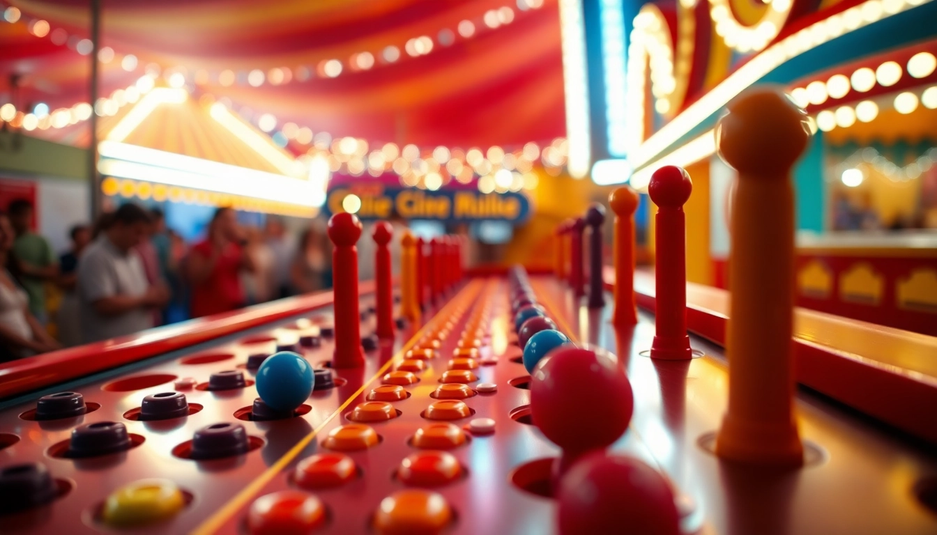 Permainan plinko dengan papan berwarna-warni dan chip yang jatuh di latar belakang festival.