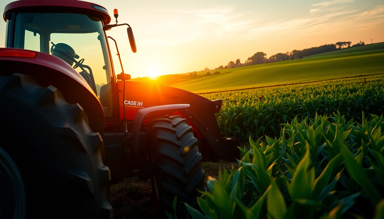 Case-ih Traktor in einem lebhaften Feld bei Sonnenaufgang, zeigt landwirtschaftliche Stärke.