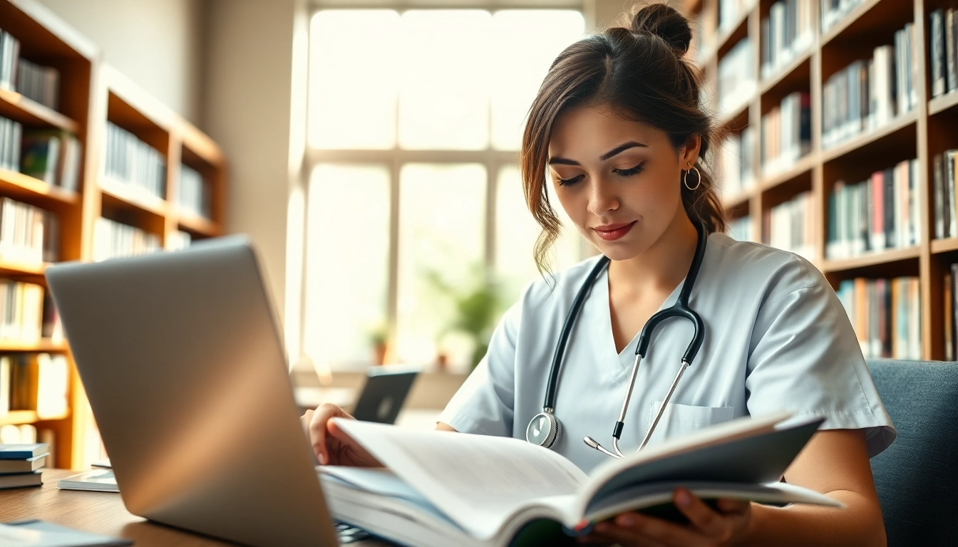 Nurse engaged in studying nursing ceus while surrounded by educational materials in a cozy library.