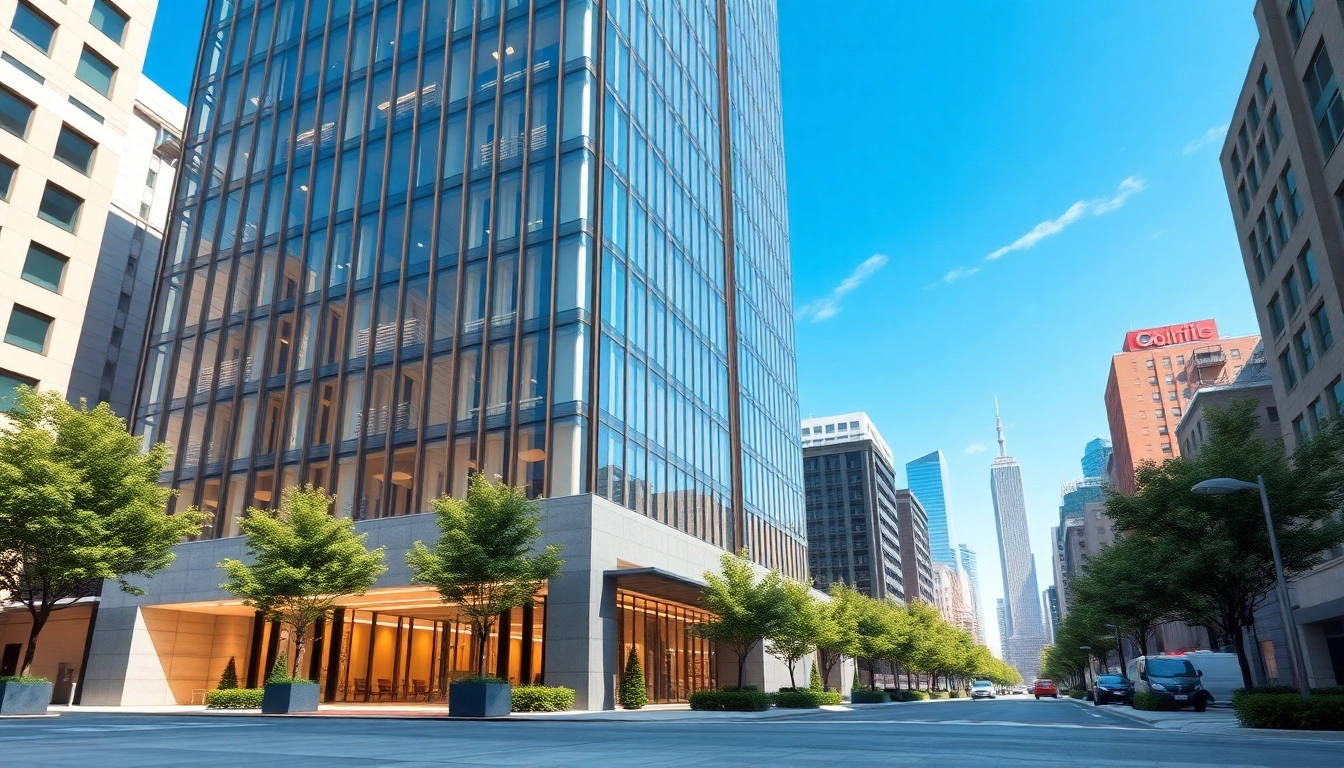 Architekturvisualisierung eines modernen Gebäudes in einem urbanen Umfeld, das detaillierte Fassaden zeigt.