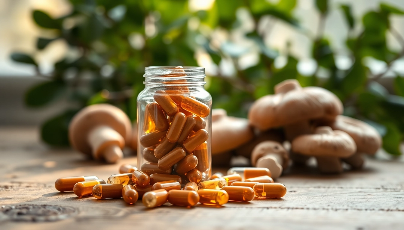 Discover the benefits of Mushroom Complex capsules among fresh mushrooms and natural elements.