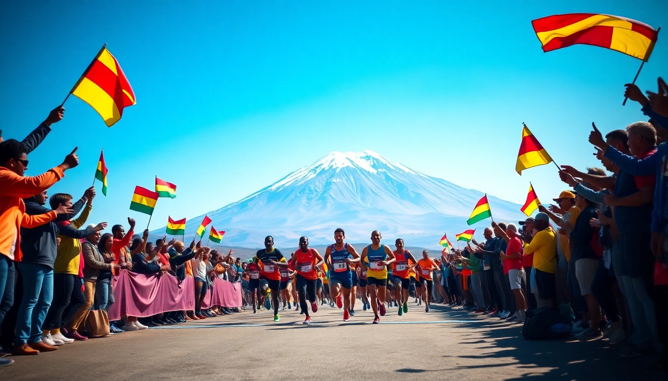 Participants in Kilimanjaro Marathon Packages race with Mount Kilimanjaro as the backdrop, showcasing an exciting finish line.