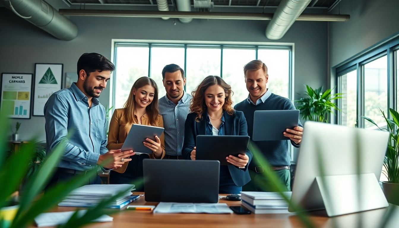 Engaged team of cannabis marketing agency professionals brainstorming in a vibrant office.