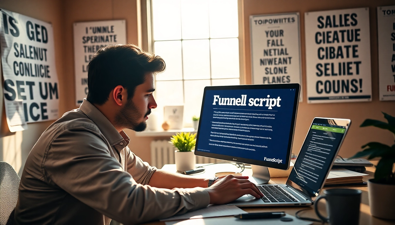How to use Funnel Scripts to write sales copy with a writer focused at a sleek desk in a bright workspace.