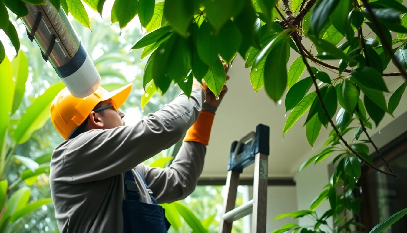 Villa maintenance rainy season with a dedicated worker inspecting property for water damage.