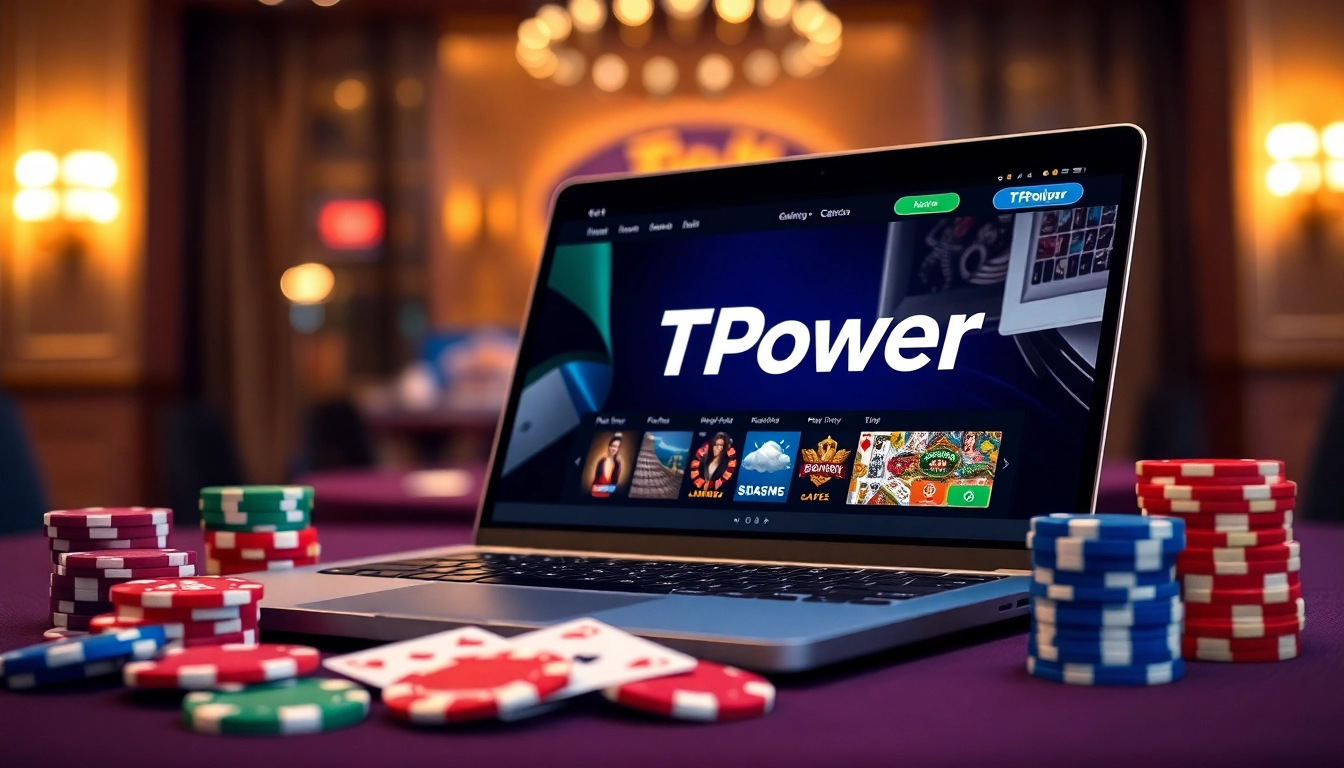 Engaging TPower casino gaming experience displayed on a sleek laptop surrounded by colorful chips.