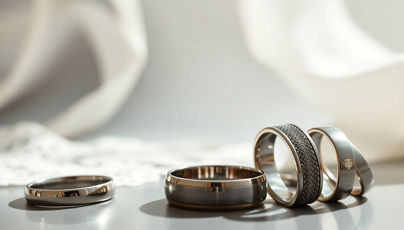 Tungsten wedding bands showcased in an elegant setting highlighting unique designs and polished surfaces.