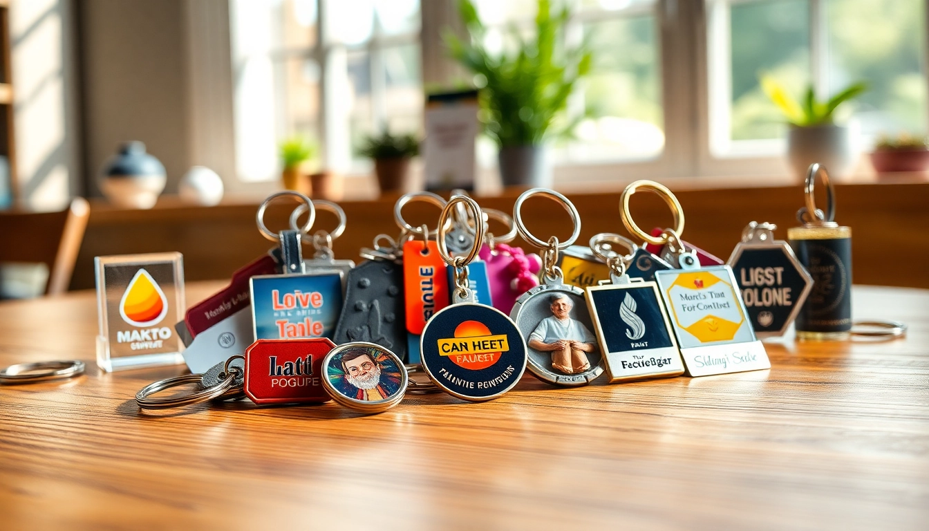 Personalized custom keychain designs displayed on a wooden table with colorful logos and messages.
