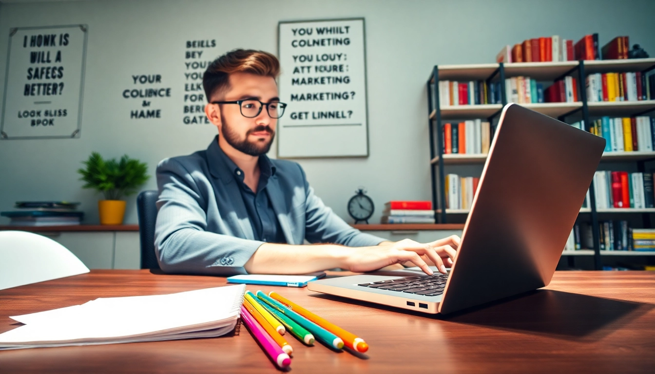 Creating effective sales copy with Funnel Scripts at a stylish desk, showcasing a vibrant workspace.