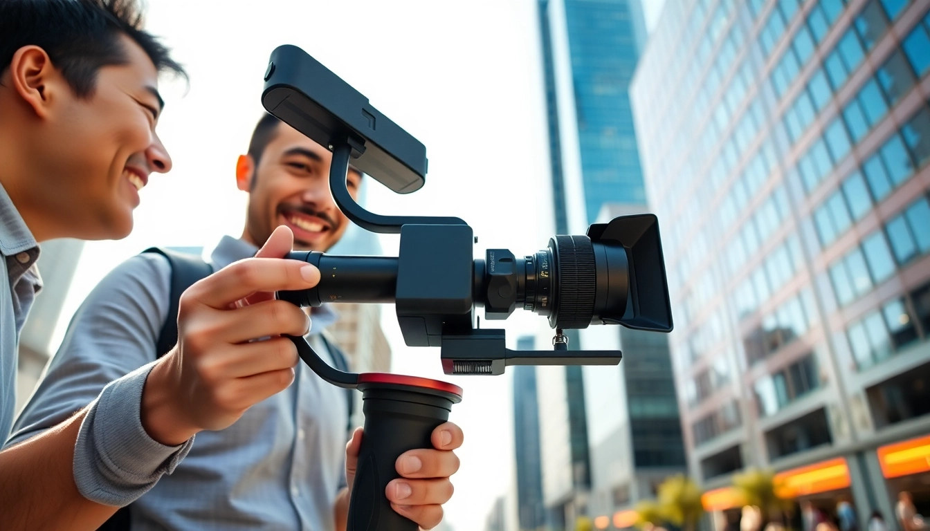 Capture action with handheld gimbal​ demonstrating smooth filming techniques in an urban landscape.