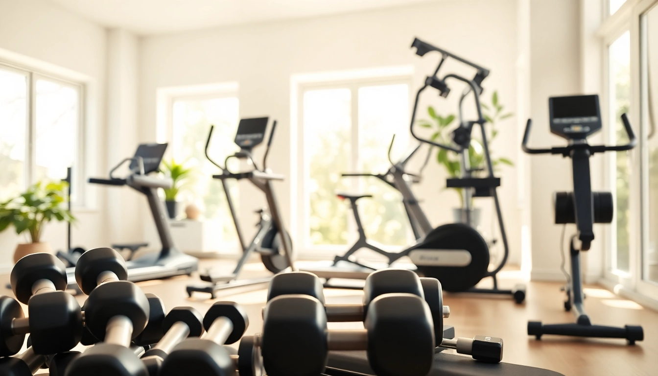 Showcase of home gym equipment Australia featuring varied fitness machines and a bright setting.