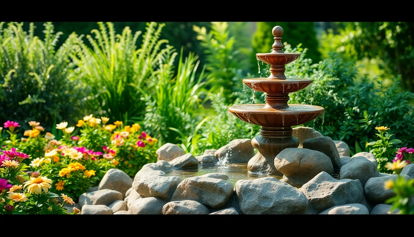 Décorez votre espace avec une magnifique fontaine decoration entourée de verdure luxuriante.