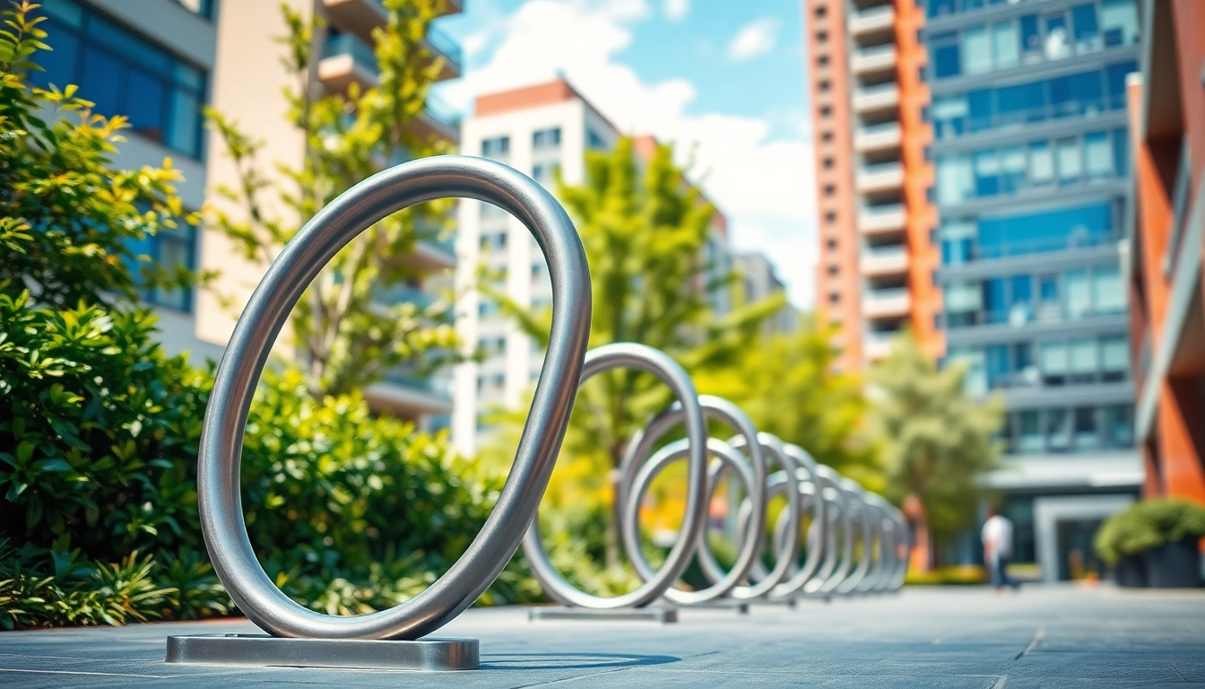 Showcase designer bike rack in a vibrant urban setting with artistic elements.