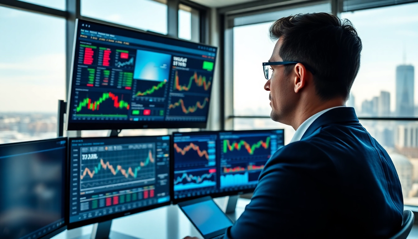 Analyze real-time Markets data in a modern office with high-tech displays.