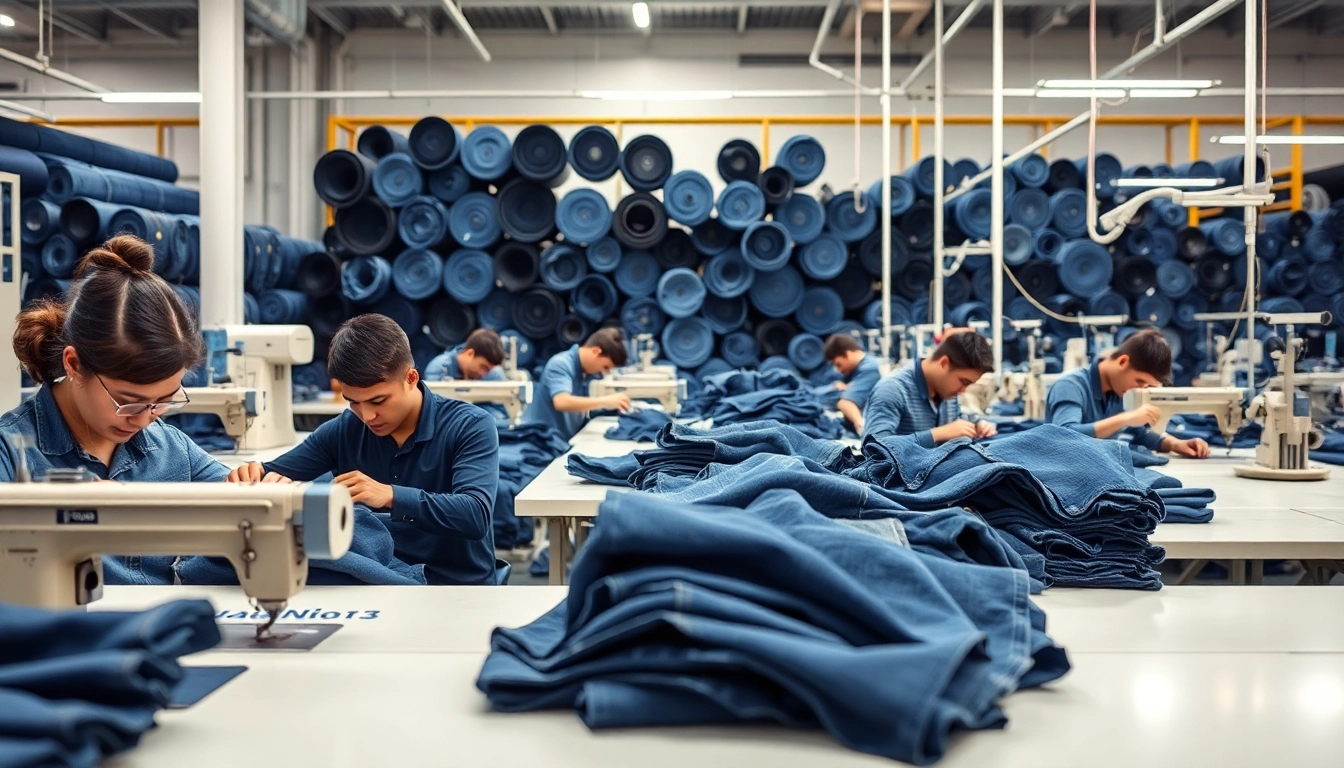 Showcase of skilled jeans factory manufacturers crafting high-quality denim jeans in a vibrant setting.