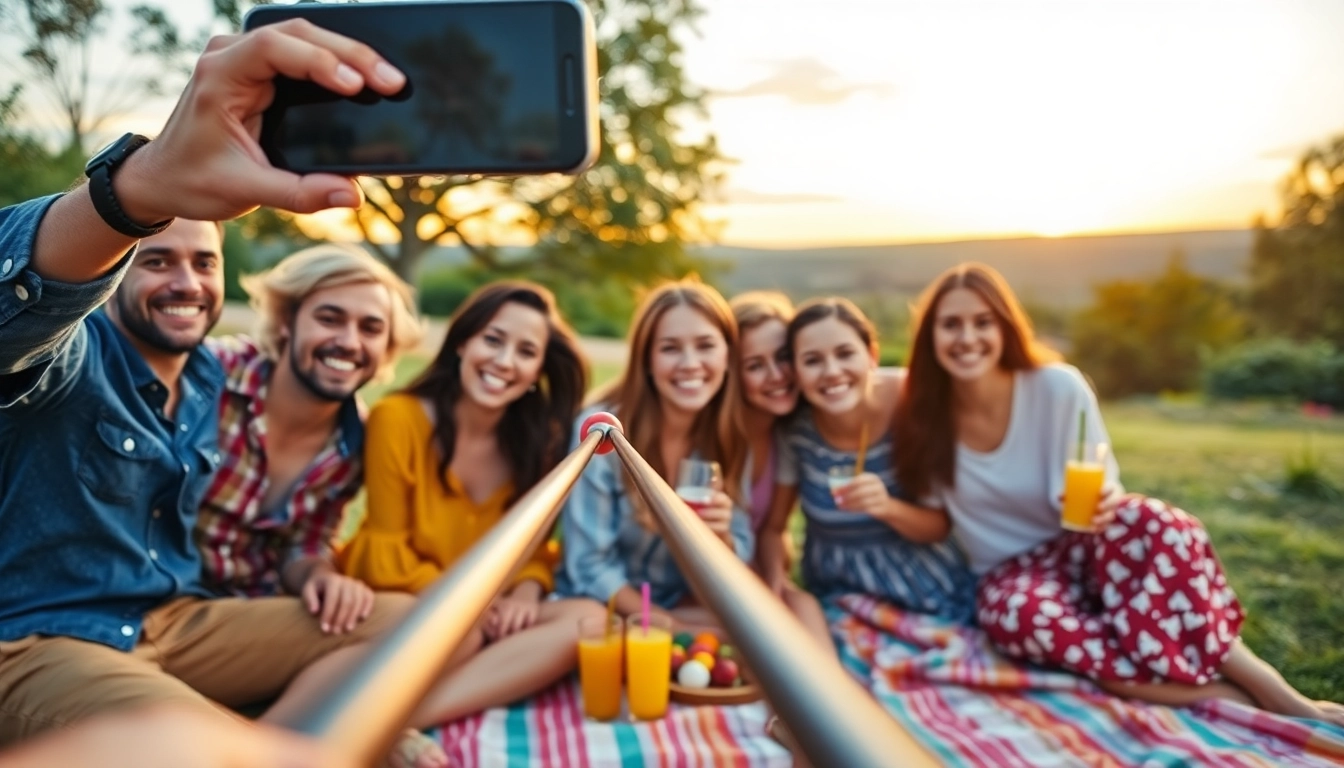Friends capturing a photo with a Selfie Stick at a scenic outdoor location.