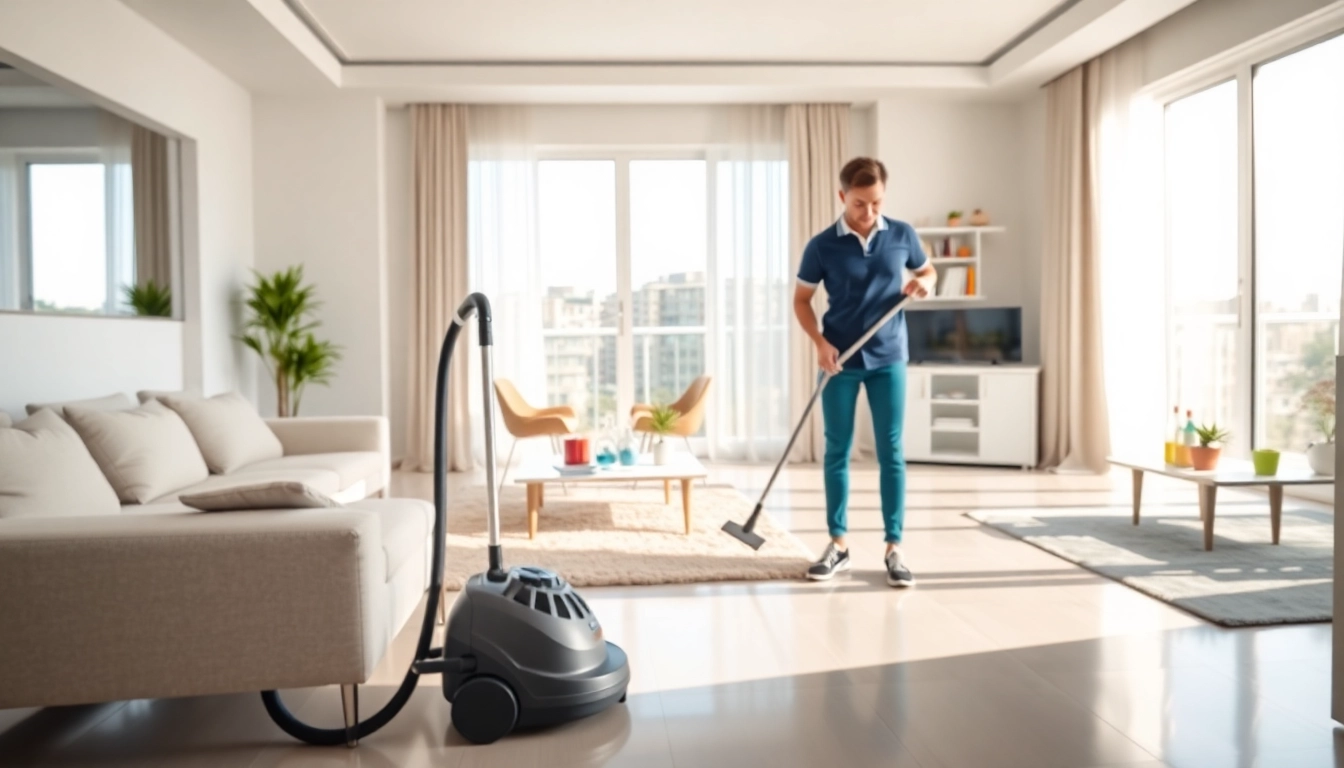 Bond cleaning professional expertly sanitizing bright apartment with sparkling floors.