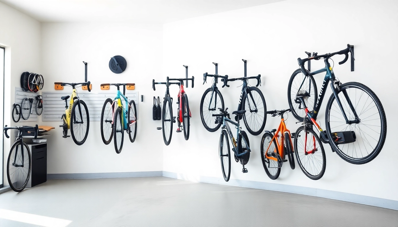 Organize your space with wall-mounted bike storage showcasing vibrant bikes and sleek hangers.
