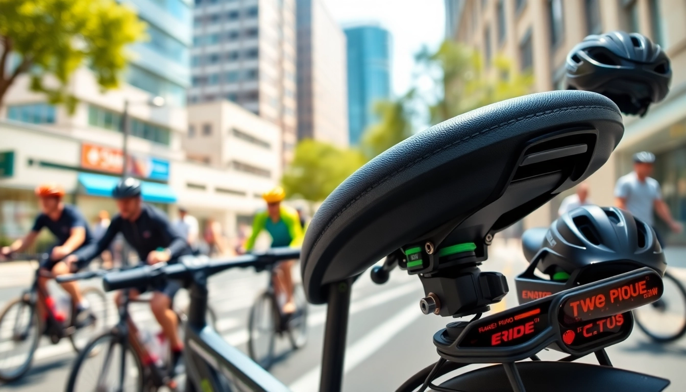 Showcasing the E Ride Pro SR Long Seat on an electric bike amidst an urban scene.