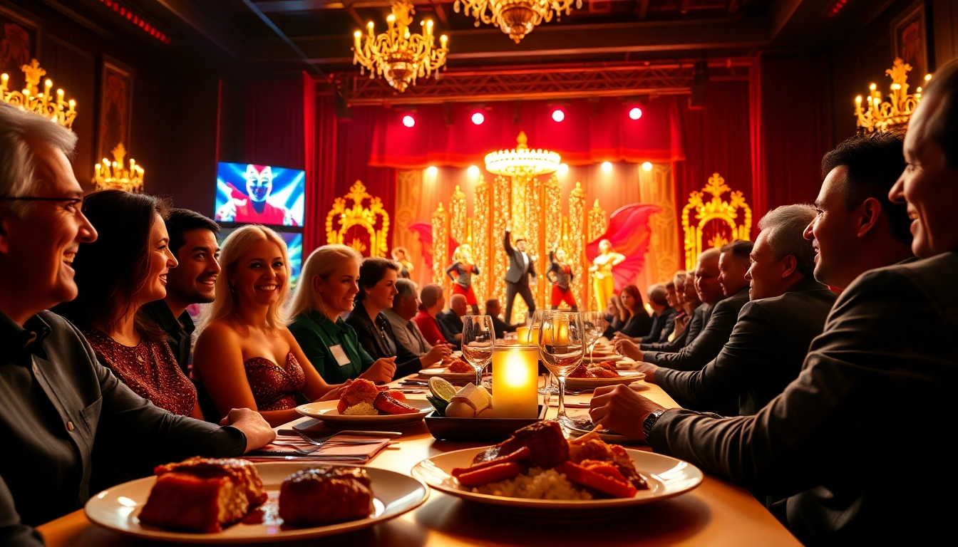 Guests enjoying dinner shows in las vegas with lively performances in a vibrant setting.