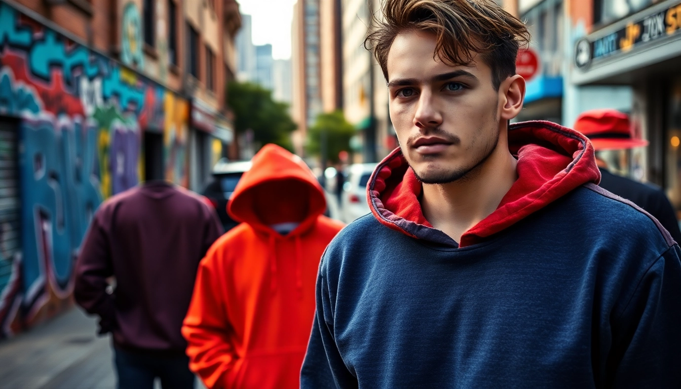 Showcasing high quality blank hoodies worn by a model in a vibrant urban setting