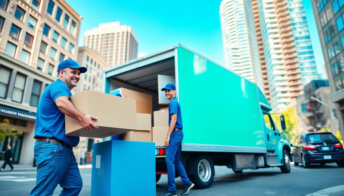 Movers efficiently handling belongings for Toronto moving services in a bustling urban setting.