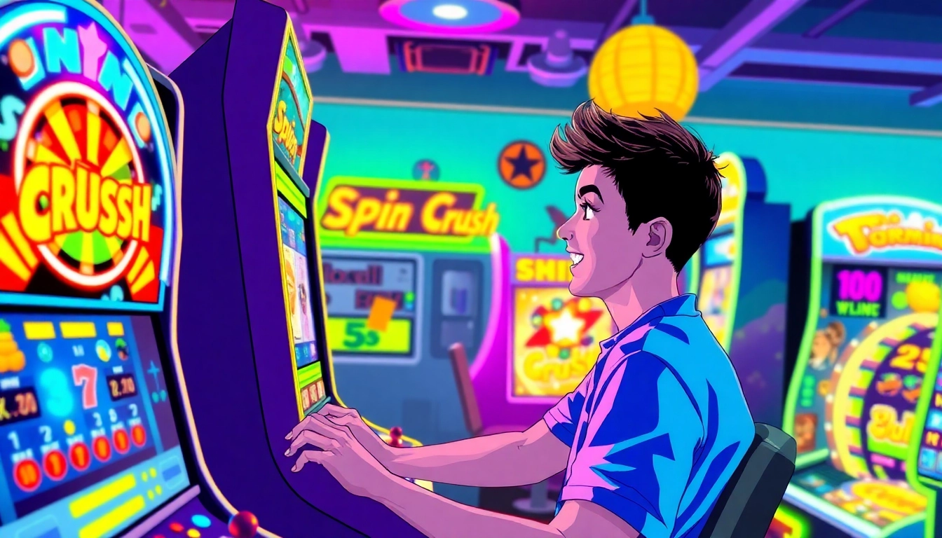 Spin Crush showcases players winning in a vibrant arcade setting filled with spinning games.