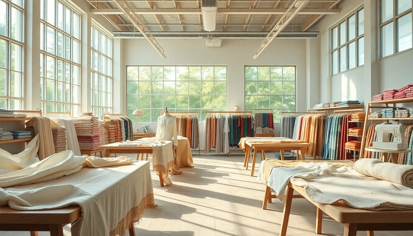 Katoen stoffen in een levendige showroom met verschillende texturen en patronen.