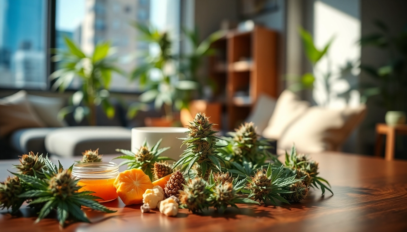 Buying weed online: vibrant display of cannabis products in a modern urban apartment.