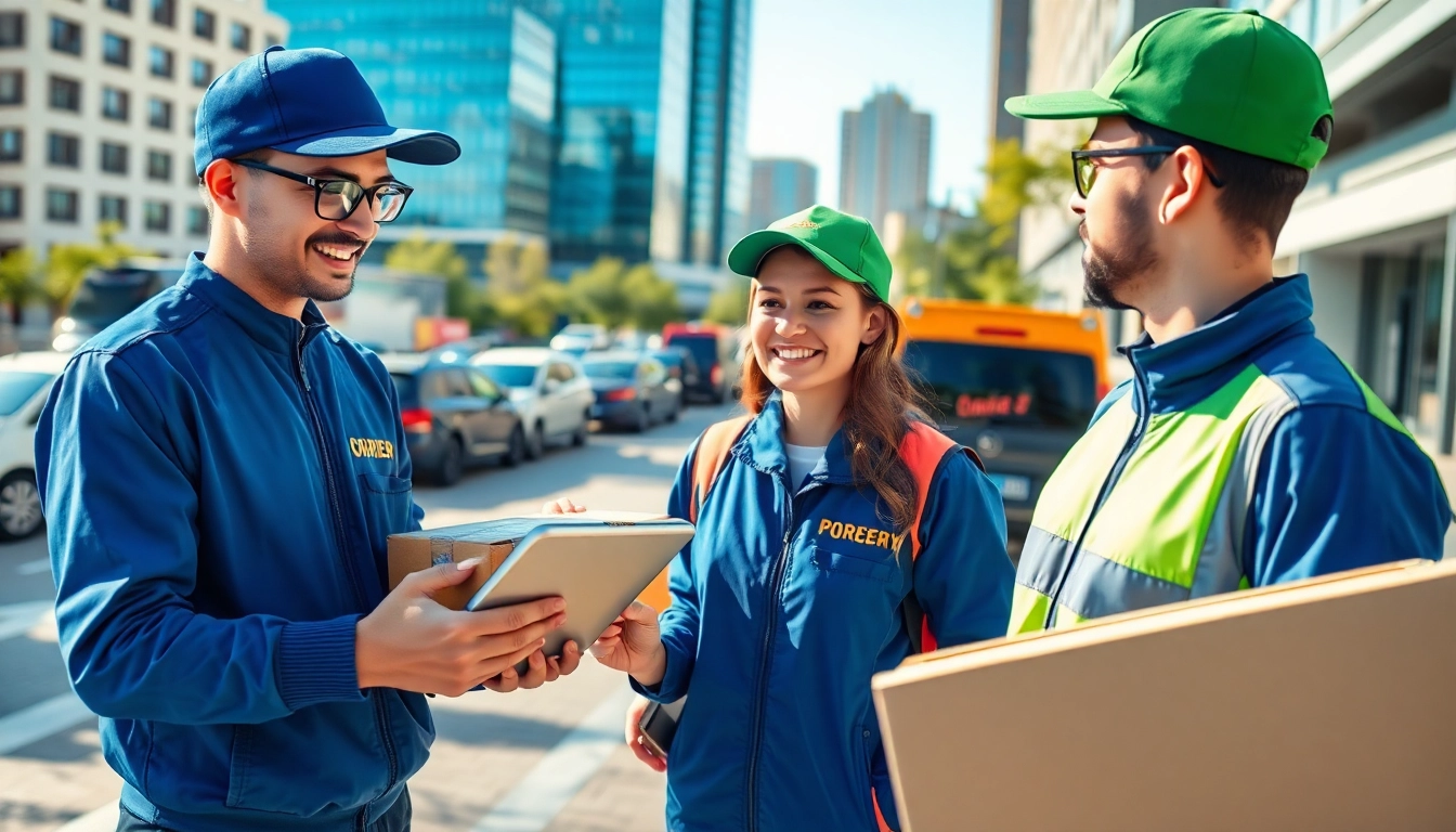 Courier services team providing efficient delivery solutions in a busy city setting.
