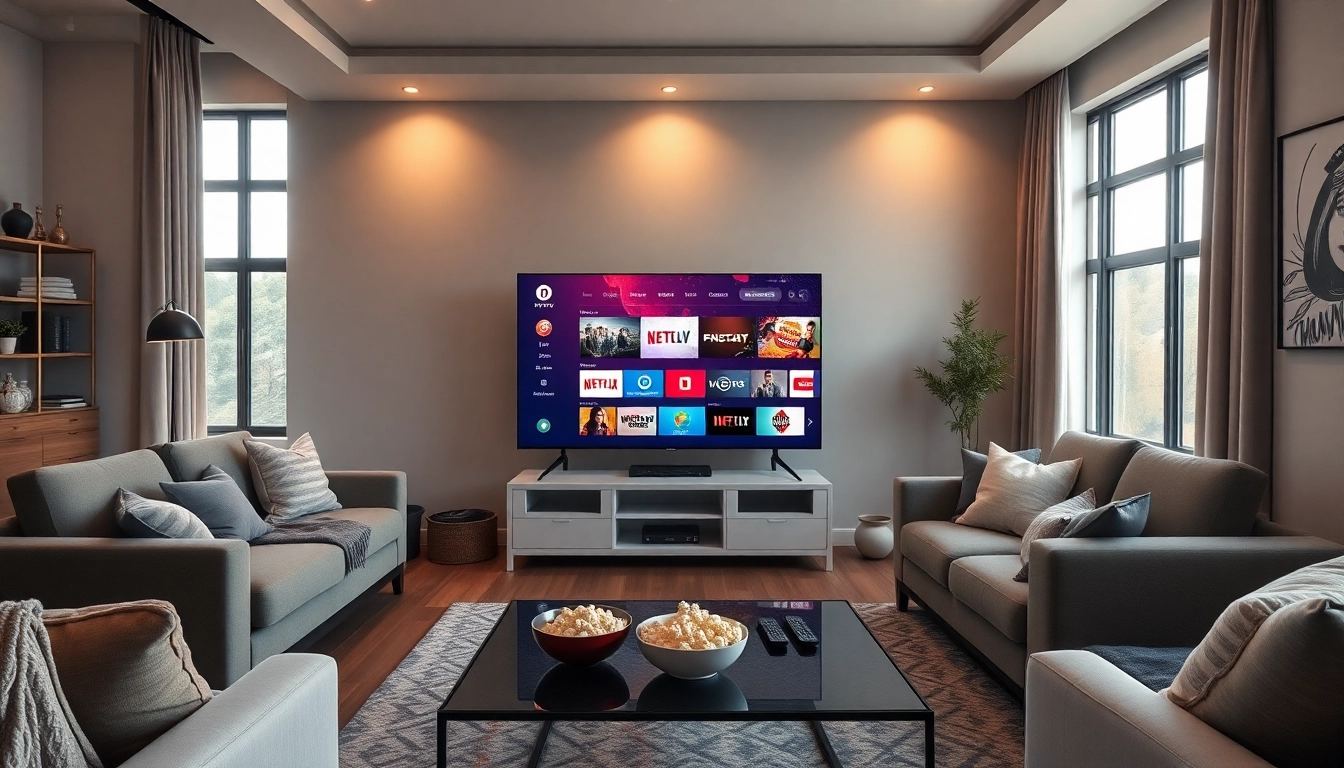 Profitez d'un service IPTV dans un salon moderne avec un téléviseur intelligent.