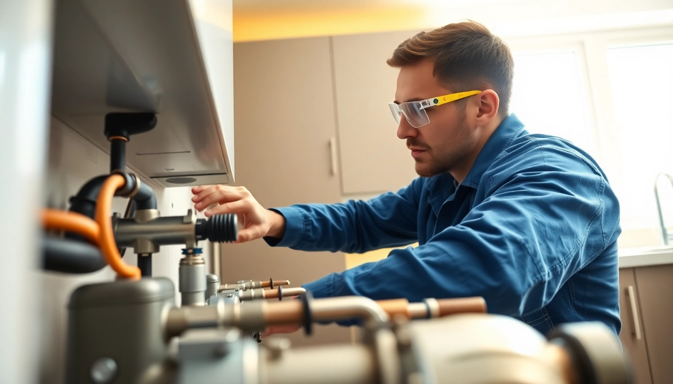 gas engineer bristol installing a boiler in a modern kitchen with tools and precision.
