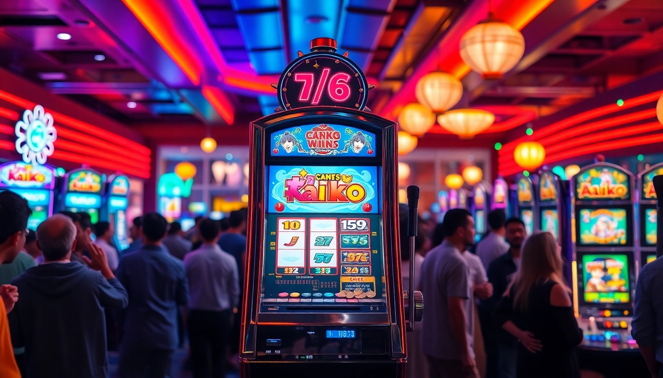 Menang besar di kaiko slot dengan mesin slot berwarna-warni dan suasana kasino yang ramai.